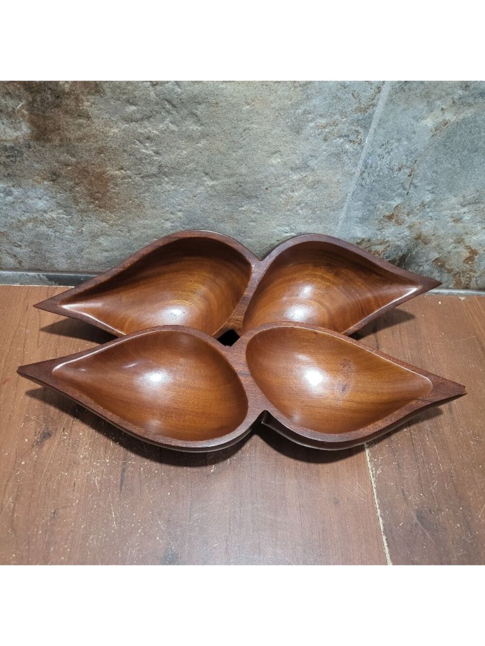 Vintage MCM Monkey Pod Wood 2 Compartment Divided Serving Dish Tray Set of 2